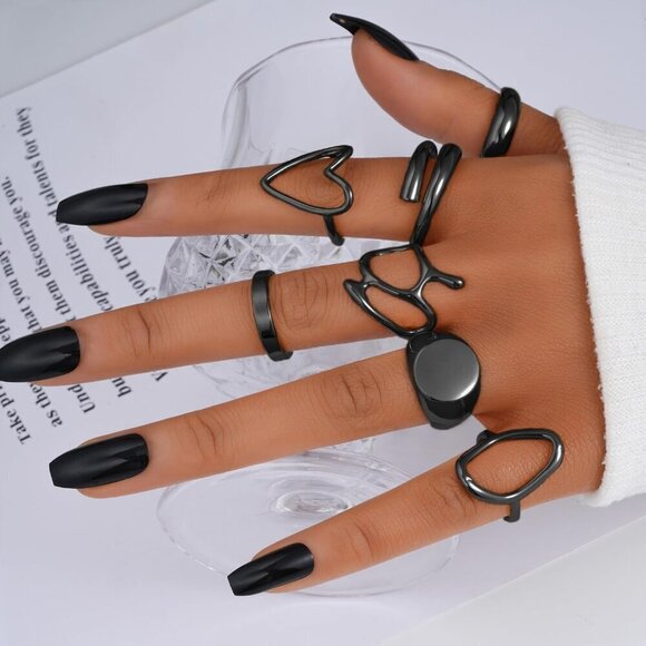 💫 Women Black Knuckle Ring 18KPlated Open Stacking Adjustable Chunky Rings Gift - Picture 4 of 4